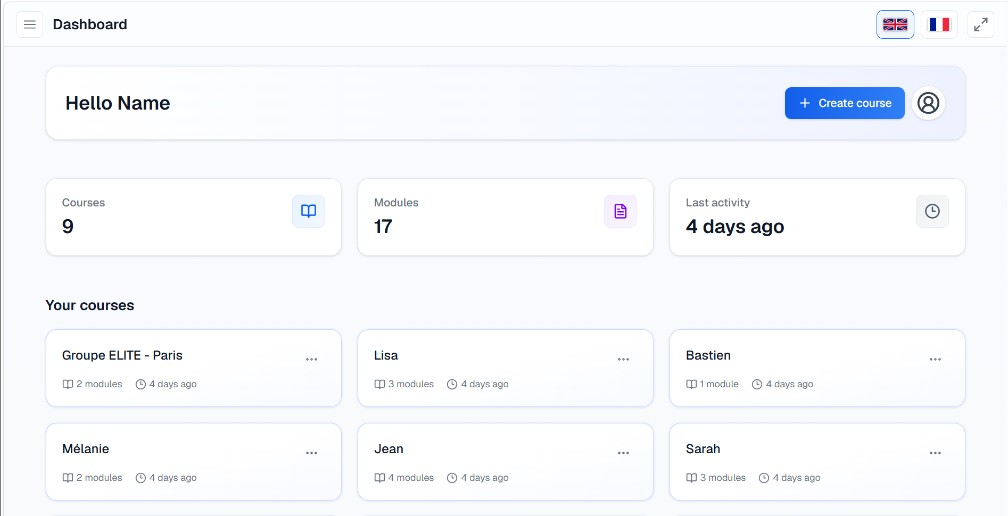 See your courses, modules and recent activity at a glance — then jump into any cohort.